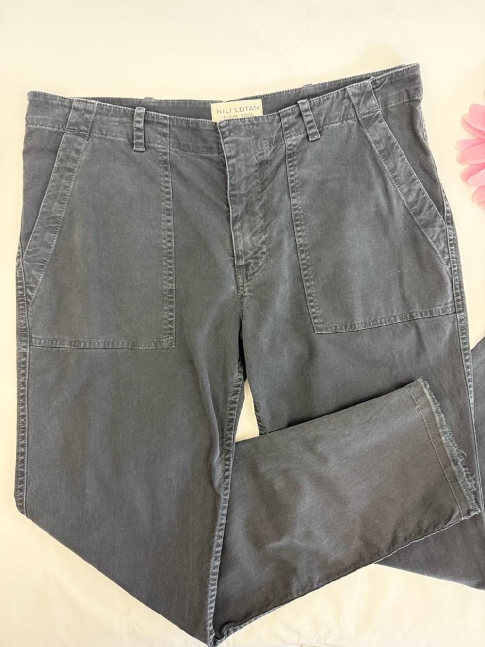 Nili Lotan Jenna Cotton Pants Carbon Grey Washed Black Raw Hem - Picture 6 of 16